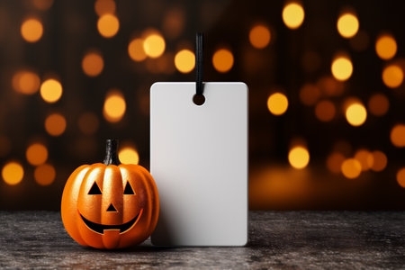 Halloween pumpkin with blank price tag on bokeh lights backgroundの素材