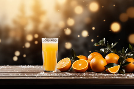 Glass of orange juice and oranges on wooden table against blurred lights backgroundの素材