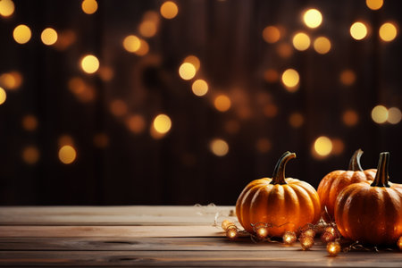 Halloween pumpkins on wooden background with bokeh lights and copy spaceの素材