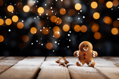 Gingerbread man and star anise on wooden table with bokeh backgroundの素材
