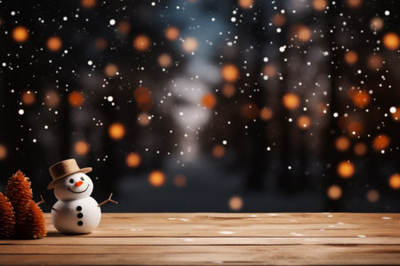 Snowman on wooden table with bokeh background. Christmas and New Year conceptの素材