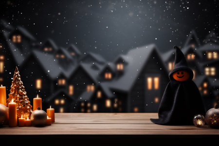 Halloween holiday concept with wooden table over dark background with copy spaceの素材
