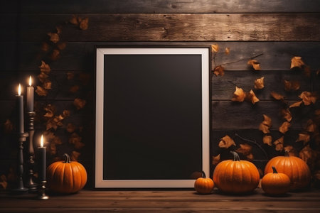 Blank blackboard and pumpkins on wooden background. Halloween decorationの素材