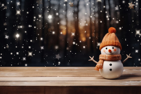 Snowman on a wooden table in the winter forest. Christmas background.の素材