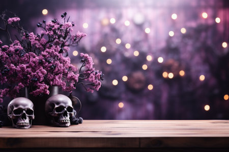 Skulls and flowers in vase on wooden table with bokeh backgroundの素材