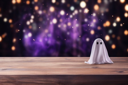 Halloween holiday concept with ghost on wooden table over blurred bokeh backgroundの素材