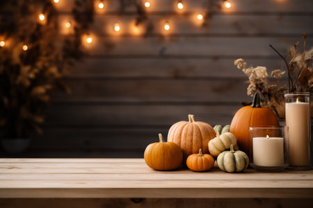 Autumn still life with pumpkins and candles on wooden background.の素材