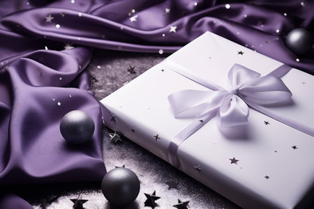 Gift box with bow and christmas decoration on purple satin backgroundの素材