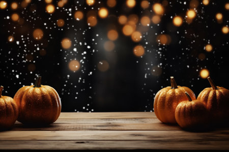 Halloween pumpkins on wooden table and bokeh lights backgroundの素材