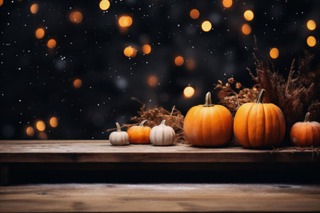 Halloween pumpkins on rustic wooden table with bokeh backgroundの素材