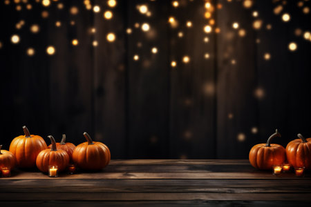 Halloween background with pumpkins on wooden table and bokeh lightsの素材