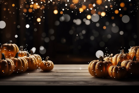 Halloween background with pumpkins on wooden table and bokeh lightsの素材
