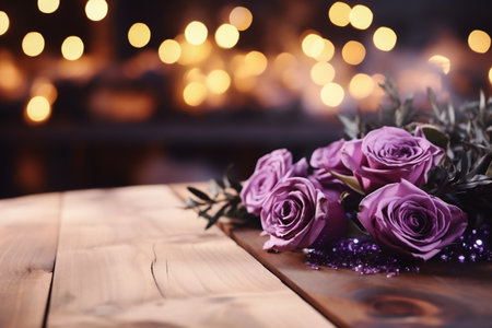 Bouquet of purple roses on wooden table in front of blurred lightsの素材