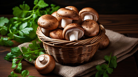 Shiitake mushrooms in a basket on a wooden background.の素材