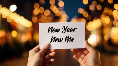 Closeup on businessman holding card with text New Year New Me with blurred backgroundの素材