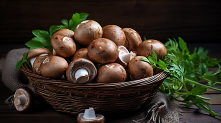Champignon mushrooms in a basket on a dark wooden background.の素材