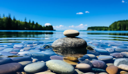 Stones in the water on a background of blue sky with cloudsの素材