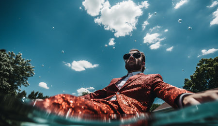 Handsome man in a red jacket and sunglasses sits on the swimming pool and catches soap bubbles