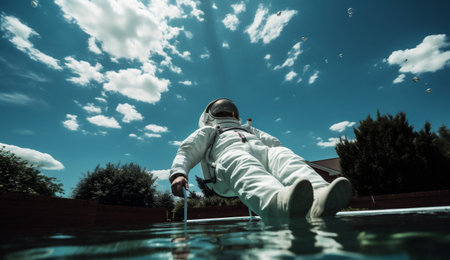 Astronaut in white suit sitting on the edge of the poolの素材