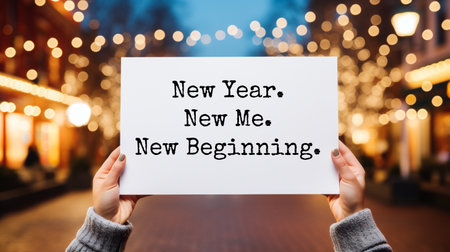 New Year's card in the hands of a girl on the background of the night cityの素材