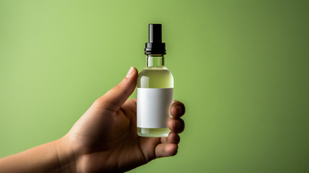 Female hand holding a bottle of essential oil on a green background.の素材
