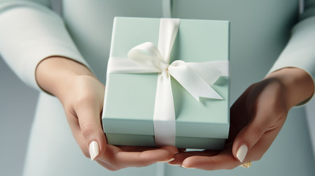 Female hands holding a gift box with a white bow on a gray backgroundの素材