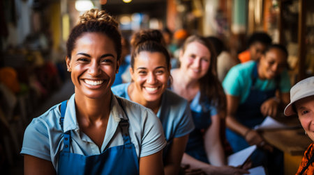 Portrait of happy female staff smiling at camera in the coffee shopの素材