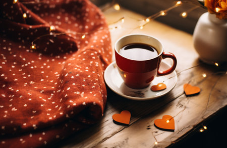 Cup of coffee with hearts and warm sweater on wooden tableの素材