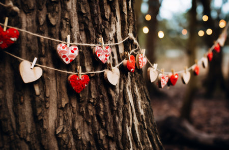 valentine's day background with hearts hanging on a tree in the forestの素材