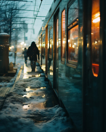 Train station at night in the snow. Train in the city at nightの素材