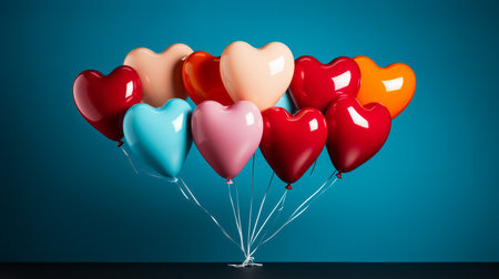 Colorful balloons in shape of heart on blue background. Valentines day conceptの素材
