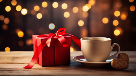 Cup of coffee and gift box on wooden table with bokeh backgroundの素材