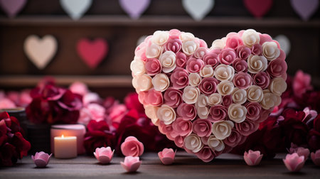 Heart shaped candles and flowers on a wooden background. Valentine's Dayの素材