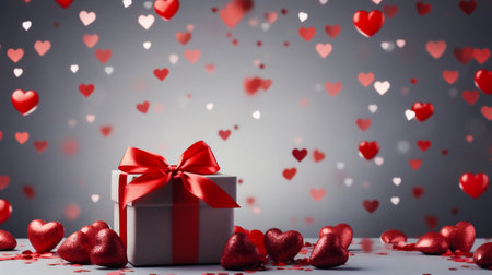 Valentines day background with red hearts and gift box.の素材