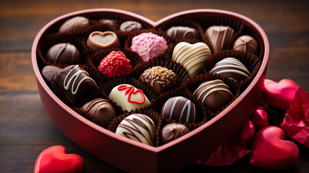 Box of assorted chocolates in heart shaped box on wooden backgroundの素材