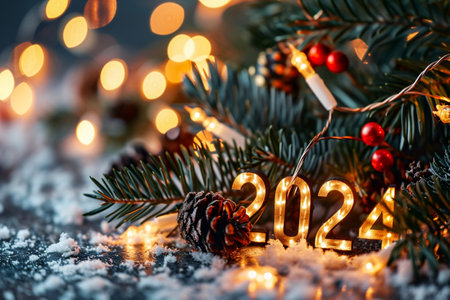 New year and christmas background. Festive decoration with bokeh lights.の素材