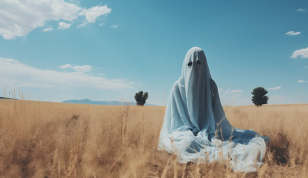 Ghost in a wheat field with blue sky background. Halloween concept.の素材