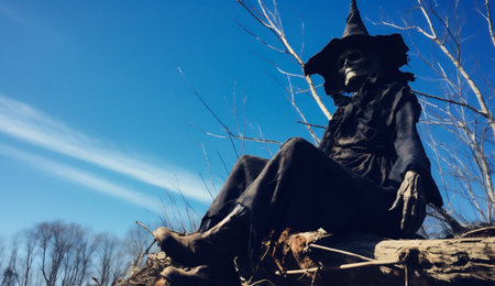 Witch sitting on a log in front of a blue sky.の素材