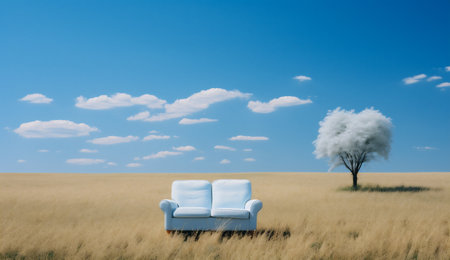 White armchair and tree in the field with blue sky background.の素材