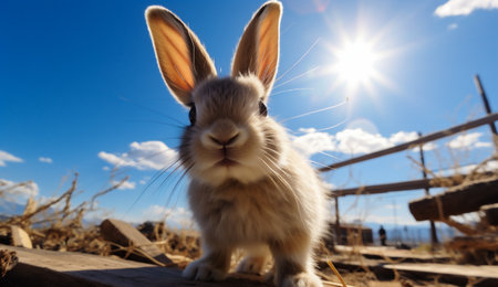Rabbit on the background of the blue sky and the sun.の素材