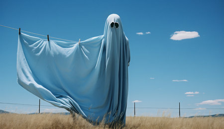 Ghost in a wheat field with blue sky background. Halloween concept.の素材
