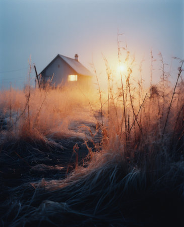 Beautiful rural landscape with old wooden house in foggy field at sunriseの素材