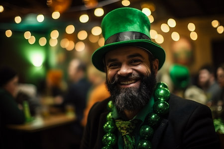 Handsome bearded man in a green leprechaun hat with a beard posing in a pubの素材
