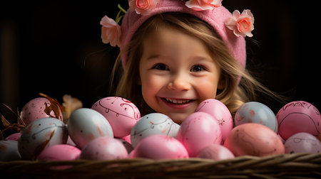 Adorable little girl with Easter eggs in basket on dark background.の素材