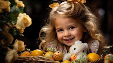 Cute little girl with easter eggs in basket on dark backgroundの素材