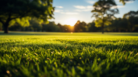 Green grass in the park at sunset with sunbeams and lens flareの素材