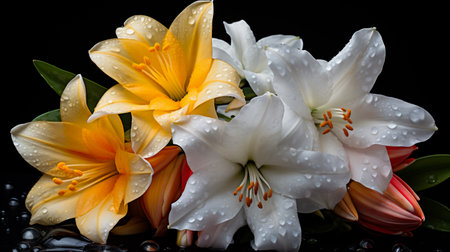 Bouquet of lilies on a black background with water dropsの素材