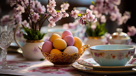 Easter table setting with colored eggs and cherry blossoms. Selective focus.の素材