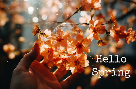 Hello spring greeting card. Beautiful blooming sakura flowers in hand.の素材