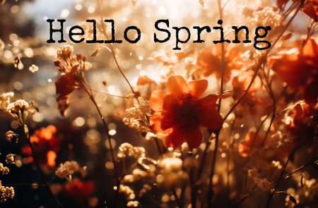 Hello Spring text on blurred background of grass and flowers in sunlight.の素材
